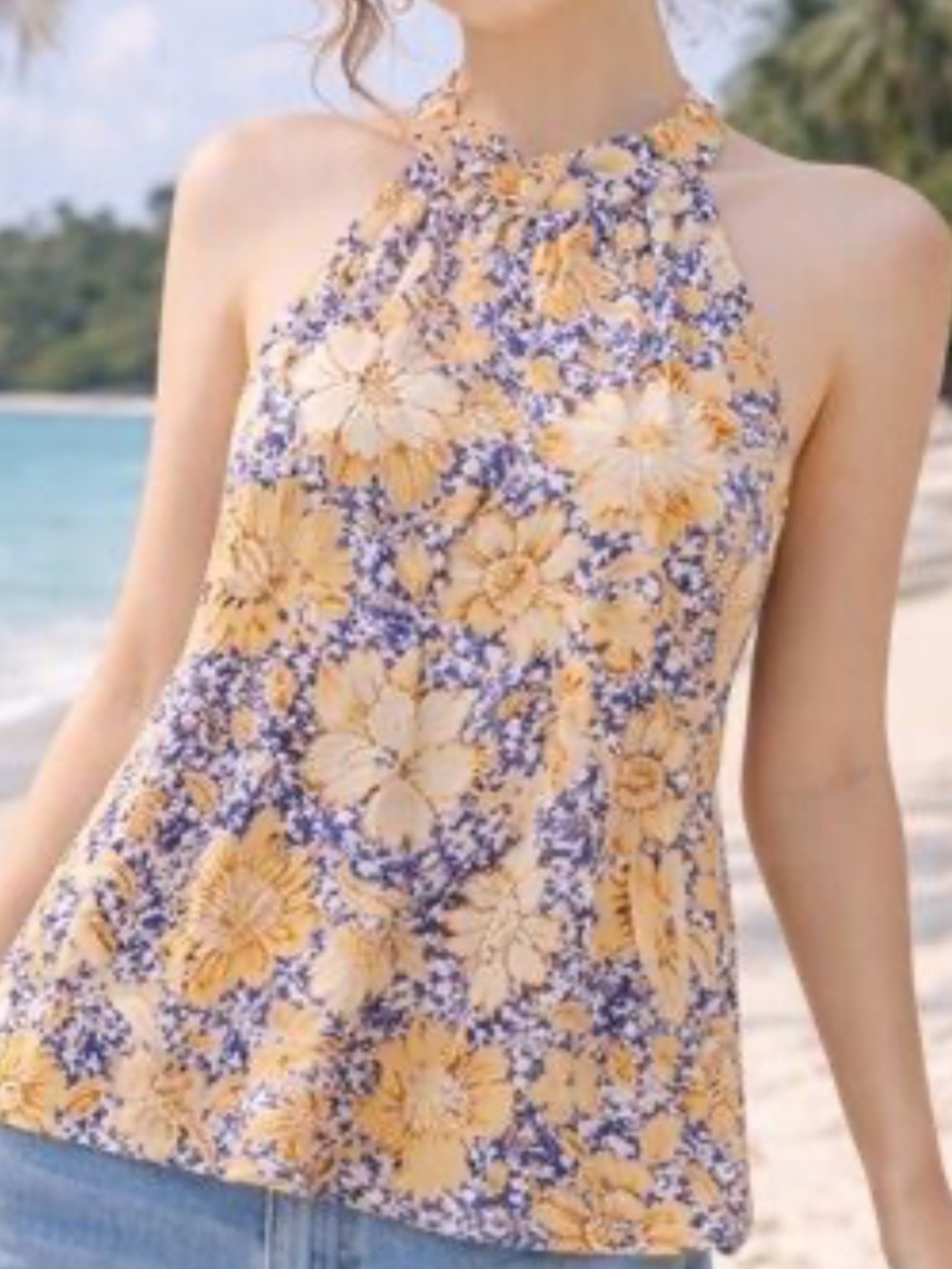 cupcakes & cashmere Yellow and Purple Floral Halter Camisole. Size Large